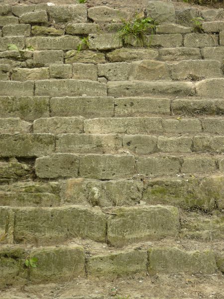 Texture of stairs made of worn, grey stone with some weeds in surface.