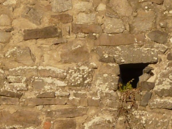 Medieval stone wall texture with holes and worn surface.