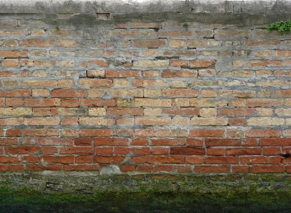 Brick wall texture made up of tan and red bricks with large amounts of grey cement visible between them. Bright green moss covers the bottom portion of the wall.