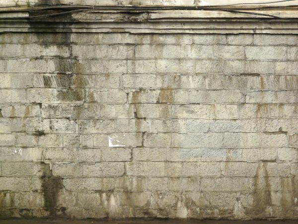 Old brick wall painted white with dark spots across the surface.