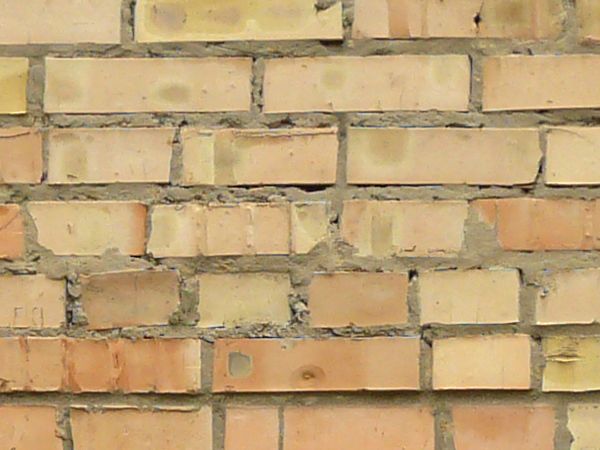 Worn brick wall of tan color with dark grey cement and spots throughout surface.