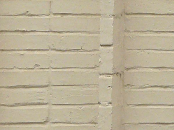 Rustic brick wall with arrays of protruding brick at regular intervals painted over in white paint.