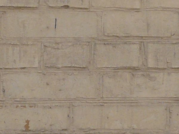 Evenly laid brick wall painted over in off-white color. Some paint is peeling.