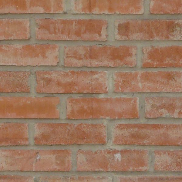 Even red brick wall with light grey spots on surface.