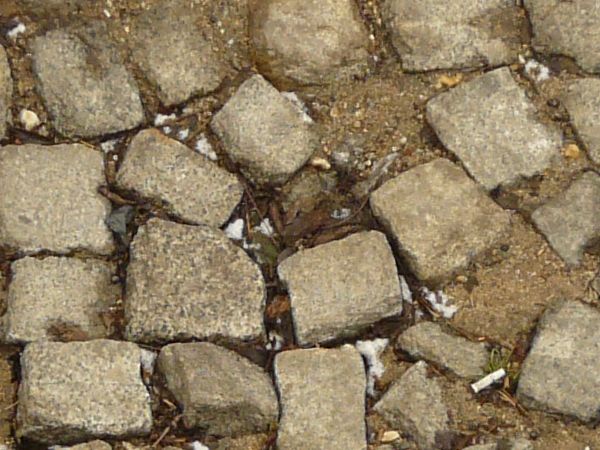 Texture of cobblestone road damaged in center with some vegetation.
