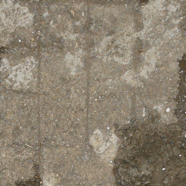 Seamless texture of square, concrete slabs in grey tone with worn, cracked surface.