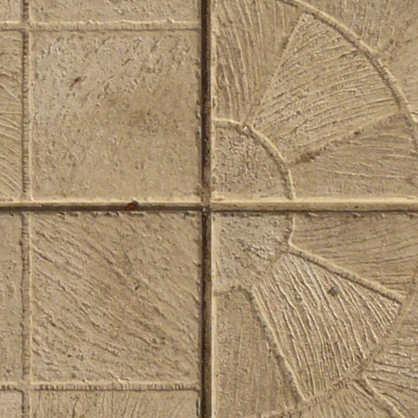 Seamless texture containing square, beige tiles with designs imbedded in surface.