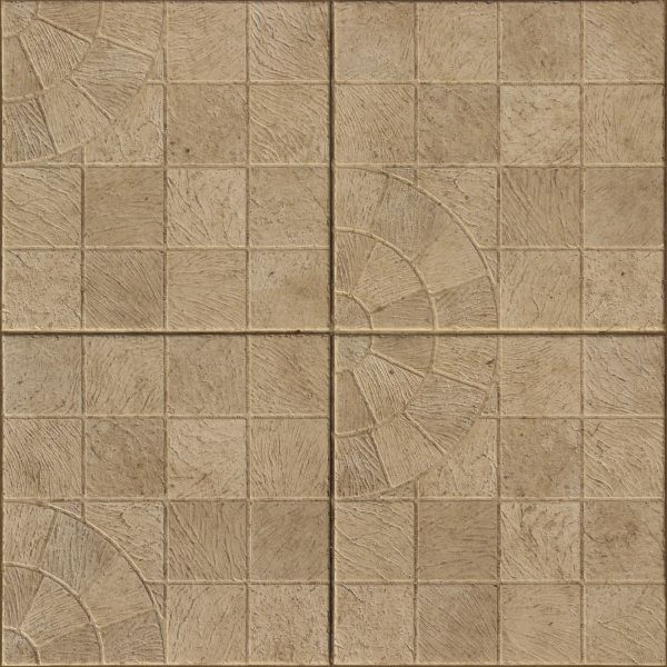 Seamless texture containing square, beige tiles with designs imbedded in surface.