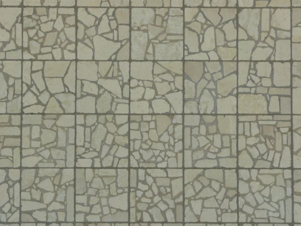 Seamless pavement texture consisting of square tiles made of random pieces of grey slate.