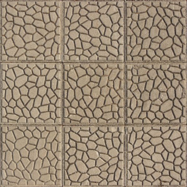 Seamless pavement texture consisting of beige tiles with identical, embedded patterns in surface.