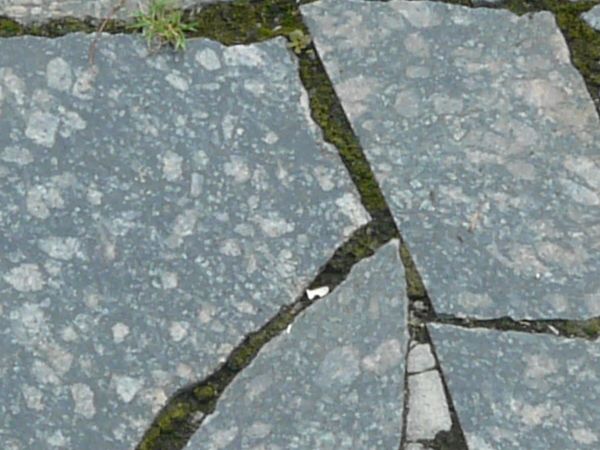 Pavement made of broken stone tile pieces and installed in crazy formation.