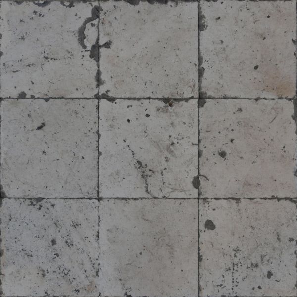 Seamless pavement texture consisting of square, grey tiles with worn surface.
