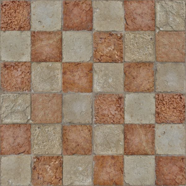 Seamless texture of beige and red, square blocks set evenly with some damage on surface.