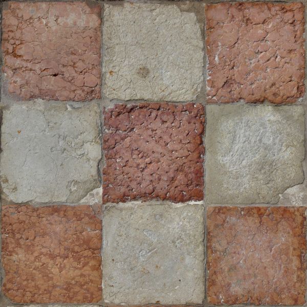 Seamless texture of beige and red, square blocks set evenly with some damage on surface.