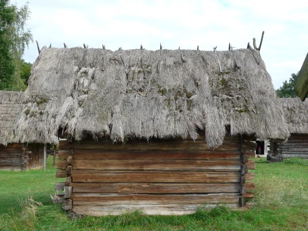 Small, wooden cabin with worn surface and thatched, grey roof.