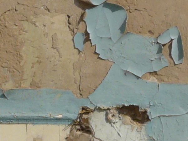 Old wall of brick and concrete with very damaged surface and peeling, blue paint.