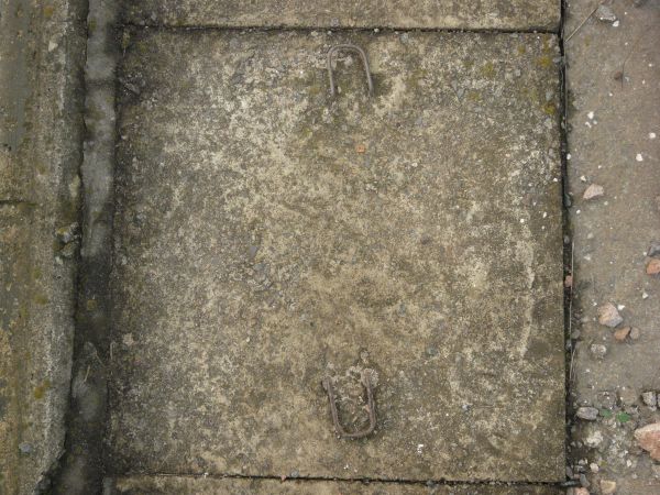 Ground of square, concrete blocks with iron bars and very rough, irregular surface.