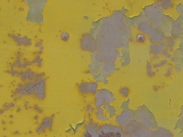 Old metal texture with peeling yellow paint and nails in surface.