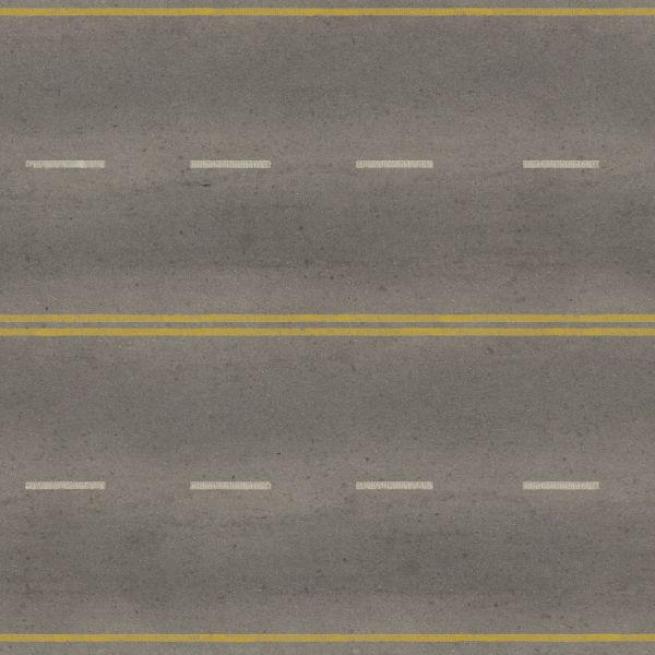 Seamless texture of grey, slightly worn road with yellow and white stripes.
