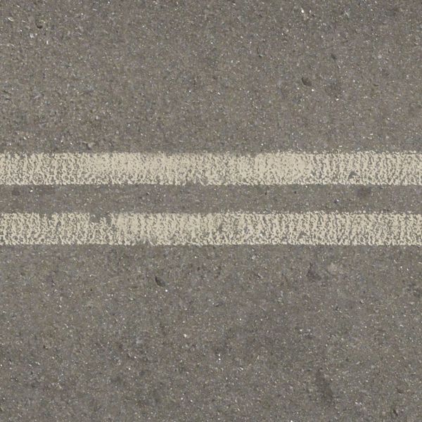 Seamless texture of grey, slightly worn road with yellow and white stripes.