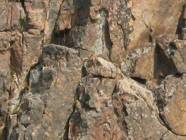 Rough rock cliff texture iin brown and grey tones with jagged, crumbling surface.