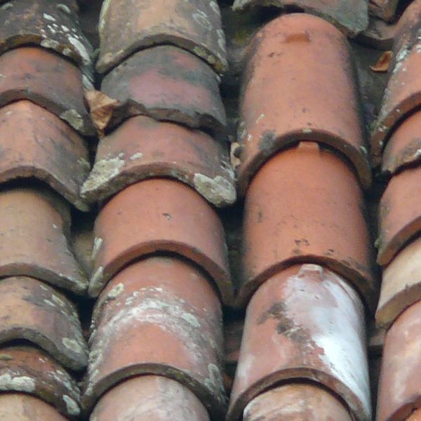 Seamless old roof texture consisting of worn, rounded shingles with spots and cracks.