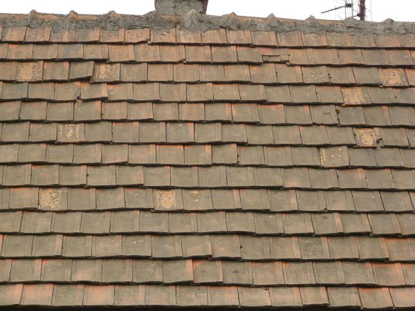 Seamless, old roof texture consisting of flat, square shingles in a dark brown color.