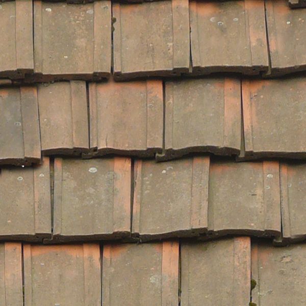 Seamless, old roof texture consisting of flat, square shingles in a dark brown color.