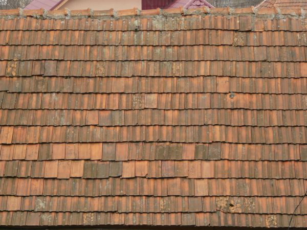 Seamless roof texture of flat red shingles with embedded line patterns.