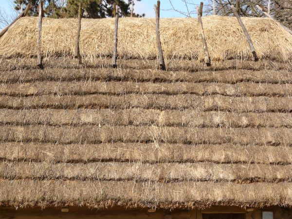 Roof texture of layered, thatched brown straw.