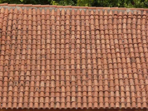 Roof texture of red shingles with curved shape.