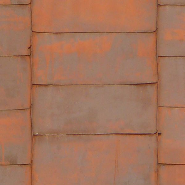 Roof texture containing flat, red shingles with worn surfaces.