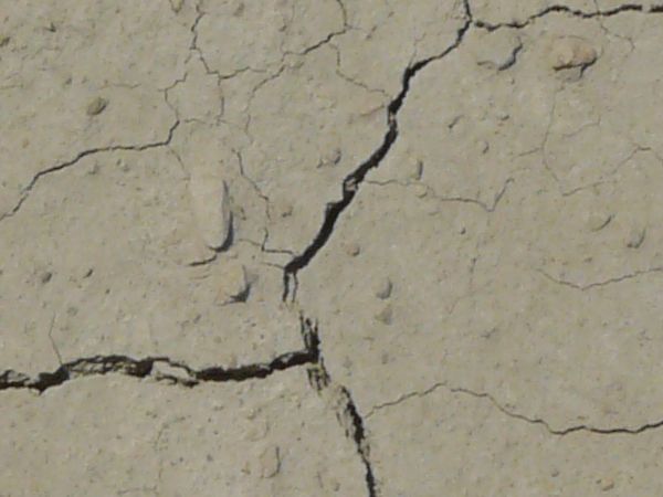 Cracked soil texture, tan in color and dried into medium-sized sections with bits of stone and further light cracking throughout.