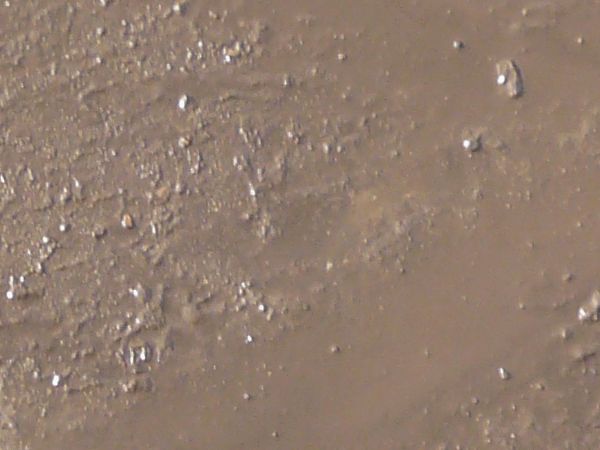 Dark brown mud texture, formed into a smooth, even surface, covered by rough patches of small rocks.