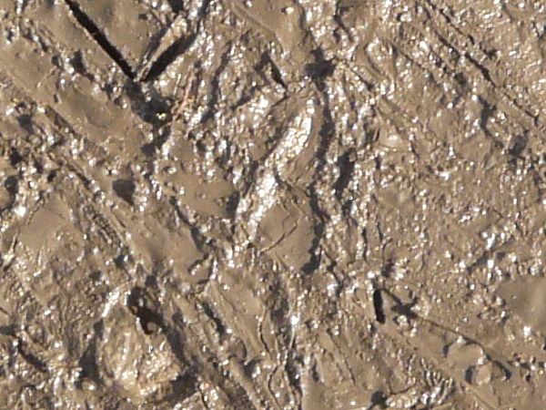 Wet brown mud texture, covered in tiny angular scratches, and with a few small stones visible.