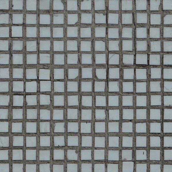 Worn, seamless texture of small, square tiles in light blue tone in slightly crooked formation.