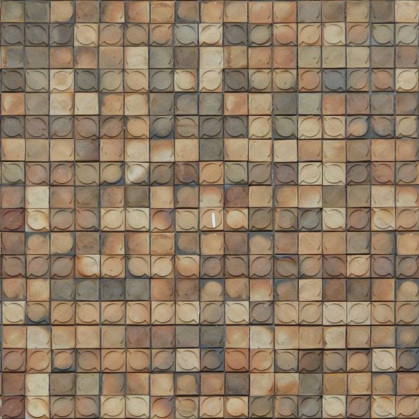 Even, seamless texture of square tiles in various colors with circular shapes on surfaces.