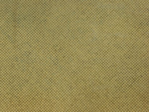 Worn tile texture in pale yellow tone laid in diamond pattern with brown grout.