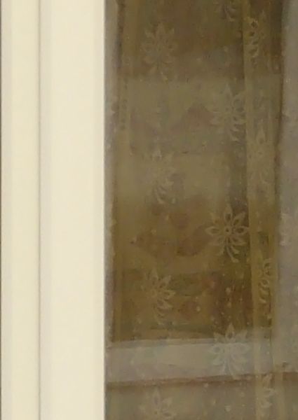 White window texture with a face and leaves molded above it, and various column and ledges surrounding it. A leaf patterned curtain is visible behind the glass