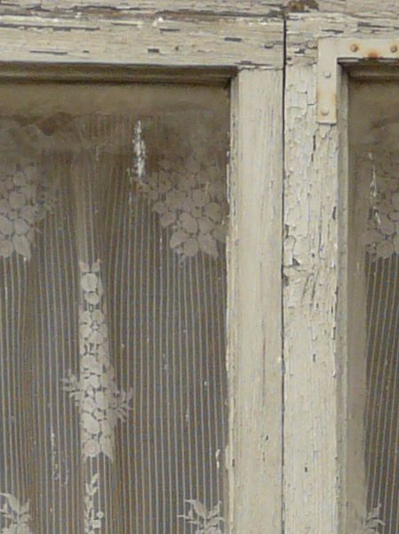 White window texture, with chipping paint and lace curtains visible behind the glass. The window is set in a rough beige wall.