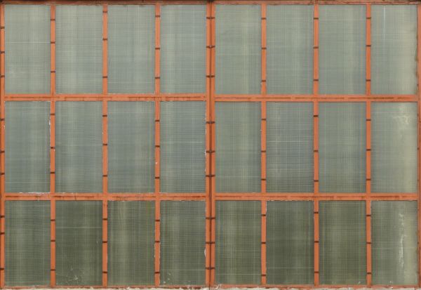 Murky windows texture, with reddish brown trim separating the panes.