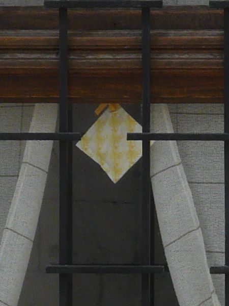 Small window texture, made up of two panes divided by dark brown wood. White curtains are visible behind the window, and black, patterned iron bars are in front of it.