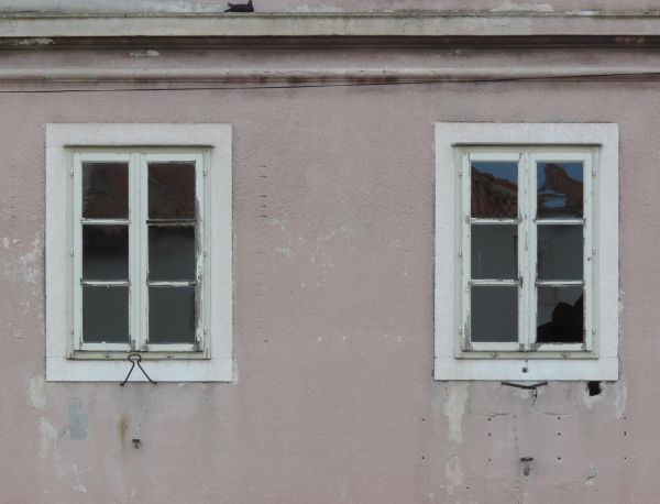 White window texture, featuring two windows set in an aged pink stone wall, each divided into six panes by worn wooden frames.