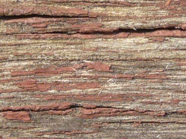 Old grey wood texture, covered with many small chips of red paint and heavy cracking.