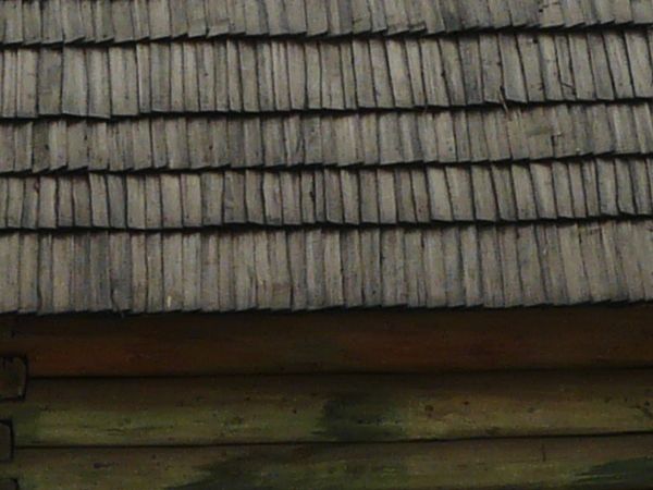 Small, wooden cabin with log walls and roof made of wooden shingles.