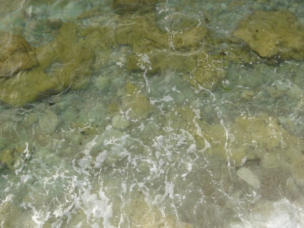 Water texture with slightly murky consistency and large, brown rocks below surface.